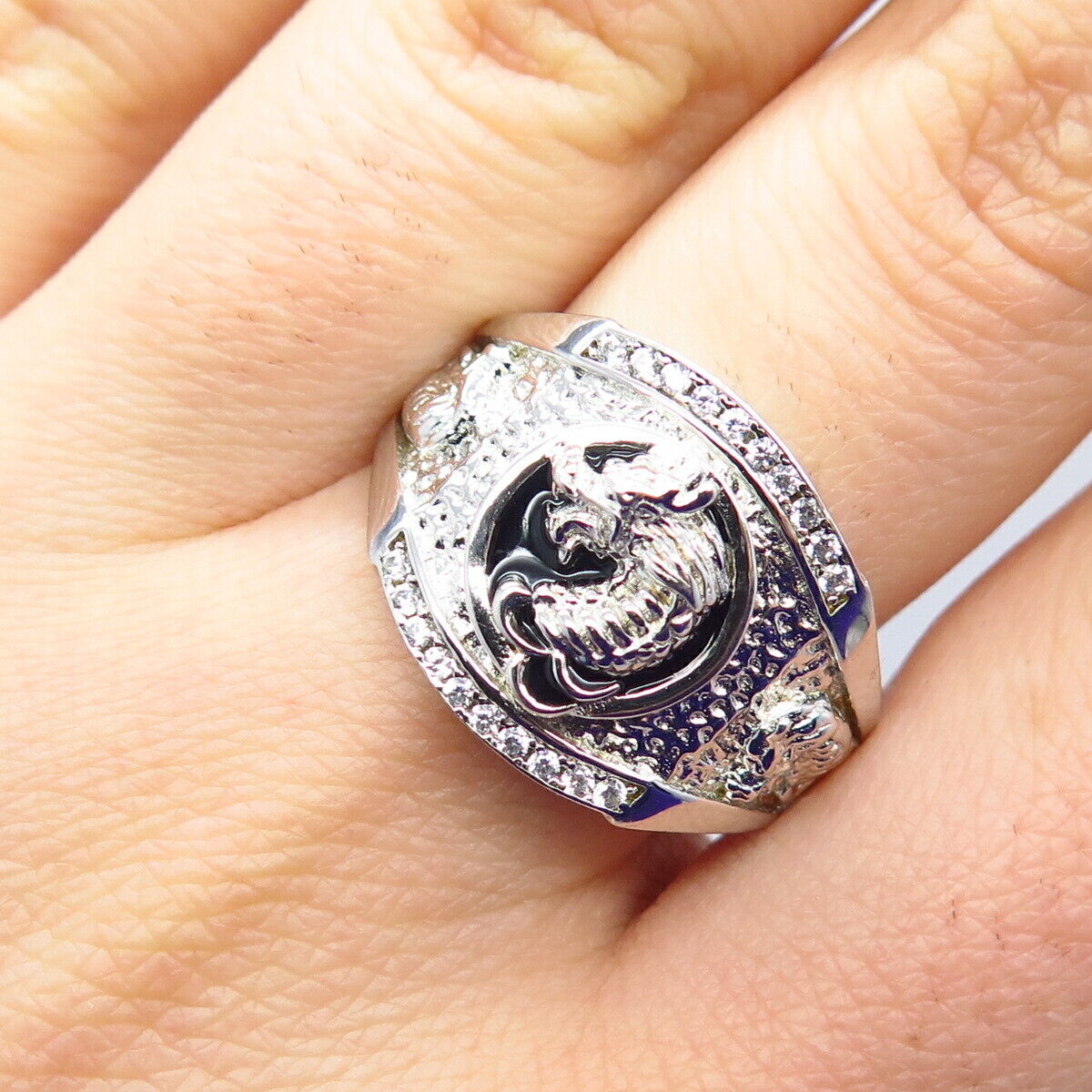 925 Sterling Silver Pave C Z & Enamel Wild Animal Ring Size 9