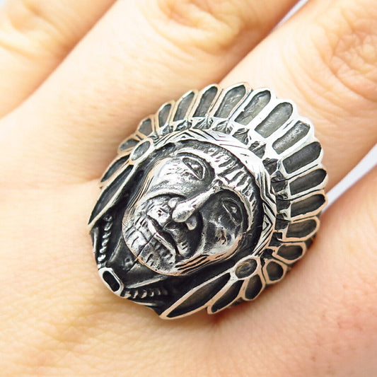 925 Sterling Silver Vintage Indian Chief Tribal Ring Size 11