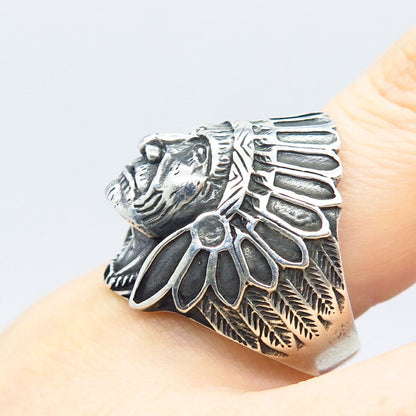 925 Sterling Silver Vintage Indian Chief Tribal Ring Size 11