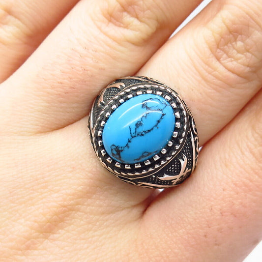 925 Sterling Silver Vintage Faux Turquoise Ornate Ring Size 9