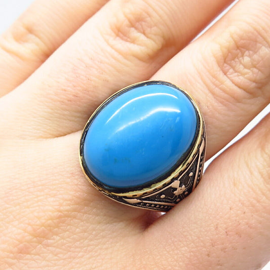 925 Sterling Silver 2-Tone Vintage Faux Turquoise Ornate Ring Size 11.5