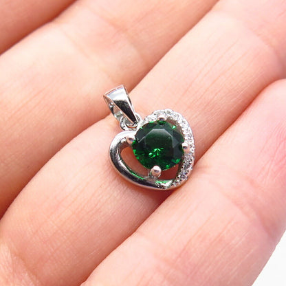 925 Sterling Silver White & Diopside-Tone C Z Heart Pendant