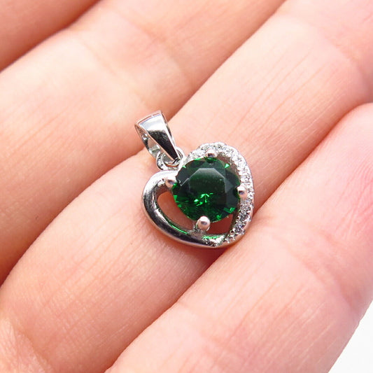 925 Sterling Silver White & Diopside-Tone C Z Heart Pendant