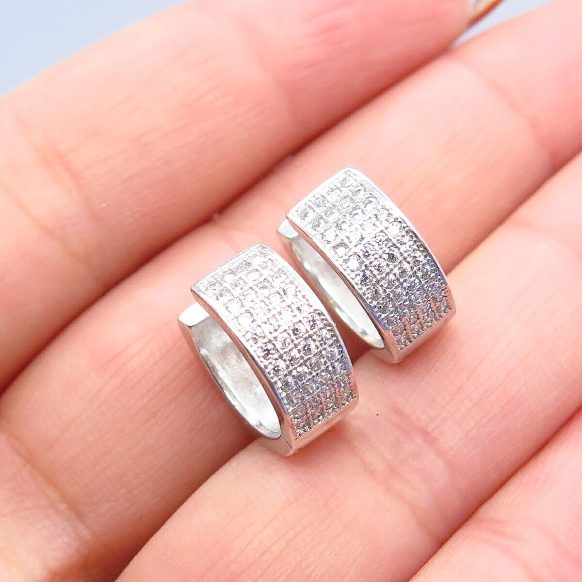 925 Sterling Silver Pave C Z Hoop Earrings