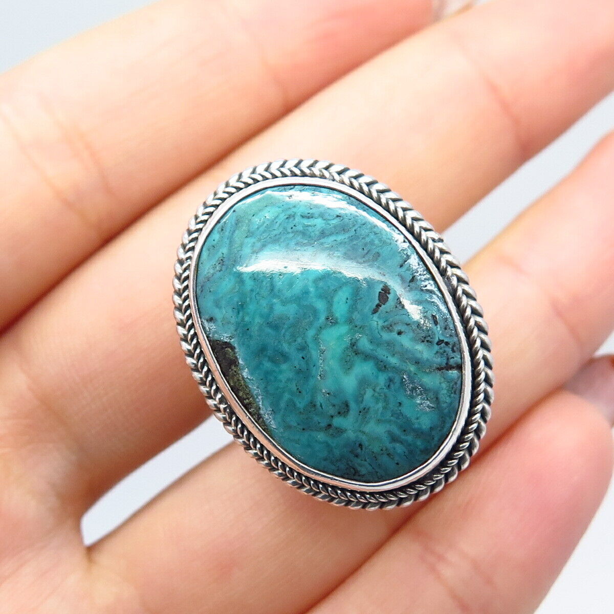 925 Sterling Silver Vintage Real Turquoise Gemstone Statement Ring Size 7.5