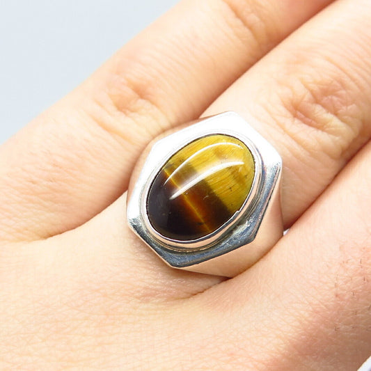 925 Sterling Silver Vintage Mexico Real Tiger Eye Gemstone Ring Size 5.75