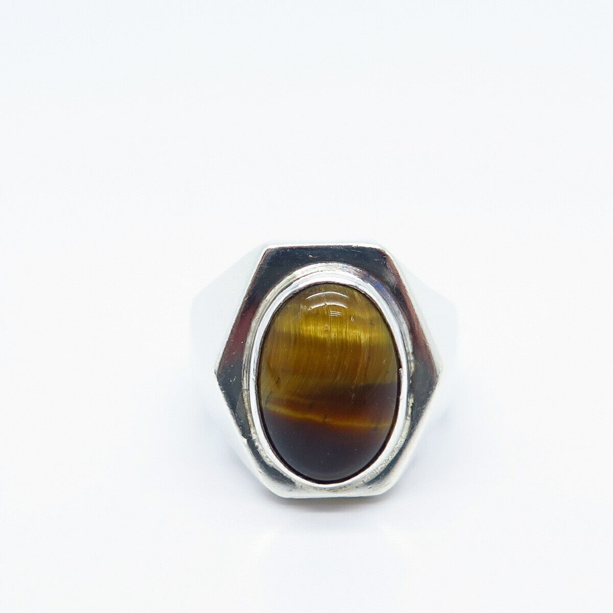 925 Sterling Silver Vintage Mexico Real Tiger Eye Gemstone Ring Size 5.75