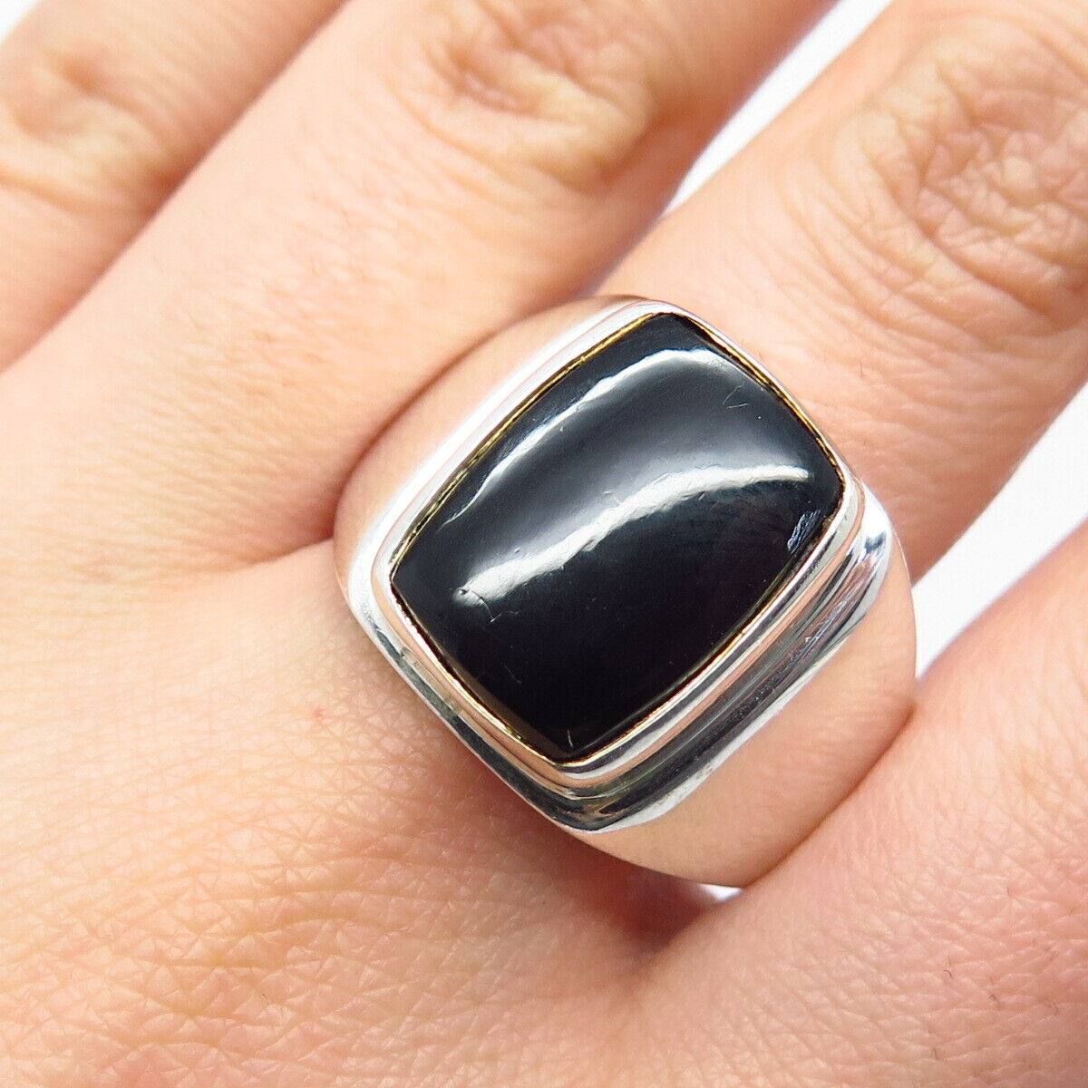 925 Sterling Silver Vintage Real Black Onyx Gemstone Ring Size 14