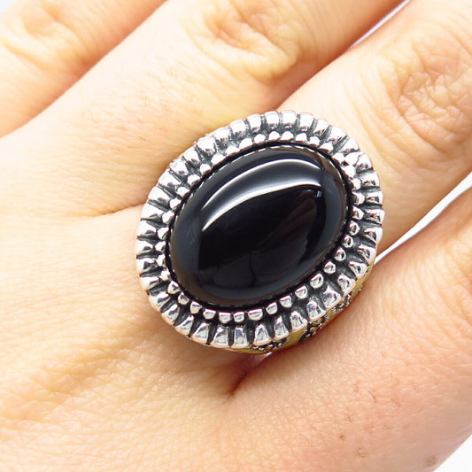 925 Sterling Silver Vintage Black Onyx Marcasite Gem & Enamel Ring Size 7.5