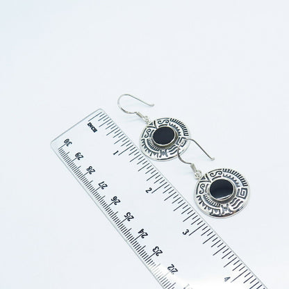 925 Sterling Silver Vintage Real Black Onyx Gemstone Tribal Dangling Earrings