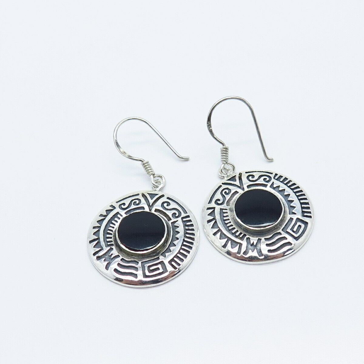 925 Sterling Silver Vintage Real Black Onyx Gemstone Tribal Dangling Earrings