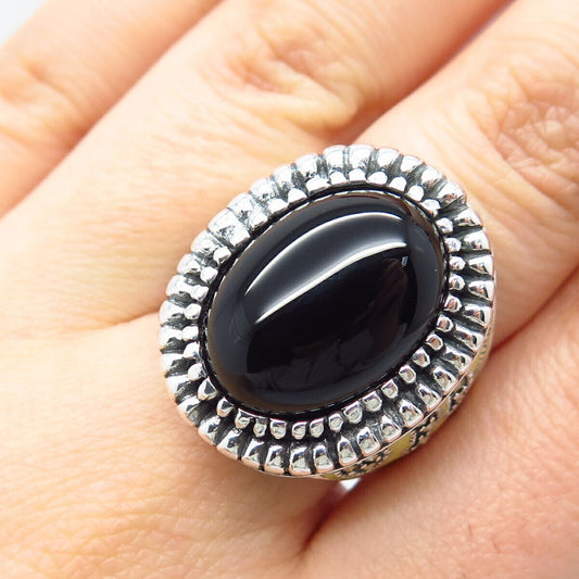 925 Sterling Silver Vintage Black Onyx & Marcasite Gem Enamel Ring Size 6.75