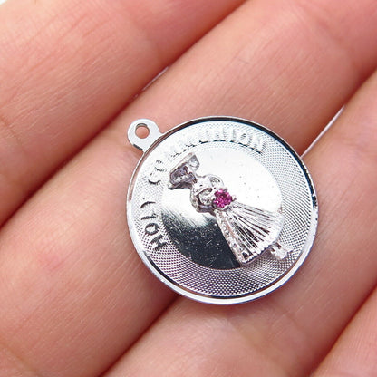 925 Sterling Silver Vintage Pink C Z "Holy Communion" Lady Pendant