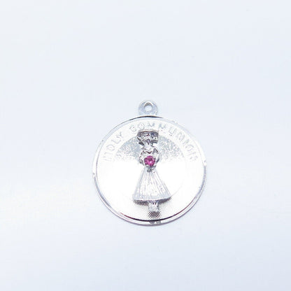 925 Sterling Silver Vintage Pink C Z "Holy Communion" Lady Pendant