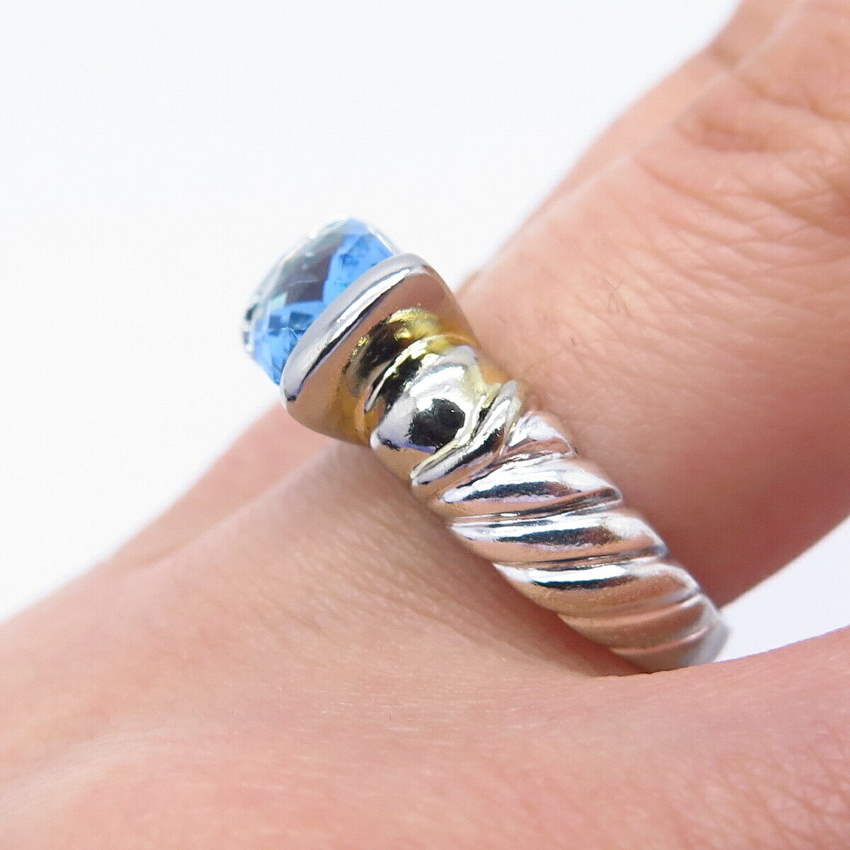 925 Sterling Silver 2-Tone Blue Topaz-Tone C Z Ring Size 6.75