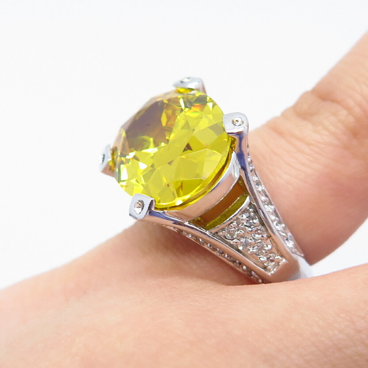 925 Sterling Silver White & Citrine-Tone C Z Ring Size 4.75