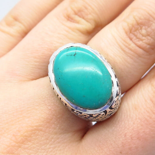 925 Sterling Silver Vintage Faux Turquoise Ornate Domed Ring Size 6.75