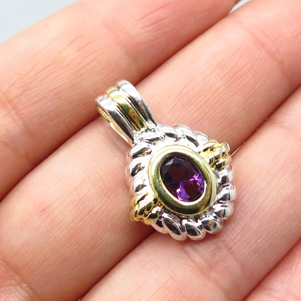 925 Sterling Silver 2-Tone Real Amethyst Gemstone Ribbed Pendant