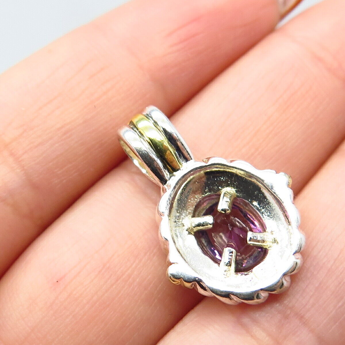 925 Sterling Silver 2-Tone Real Amethyst Gemstone Ribbed Pendant