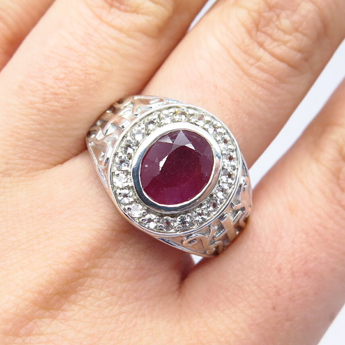 925 Sterling Silver Vintage Real Ruby & White Topaz Gemstone Ring Size 10