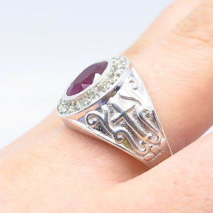 925 Sterling Silver Vintage Real Ruby & White Topaz Gemstone Ring Size 10