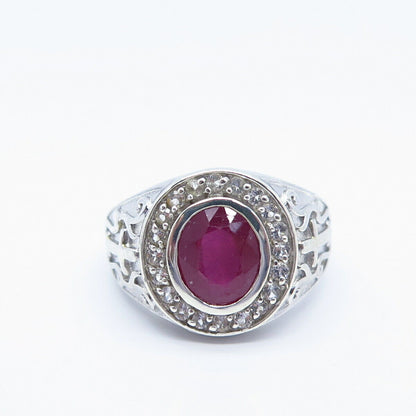 925 Sterling Silver Vintage Real Ruby & White Topaz Gemstone Ring Size 10