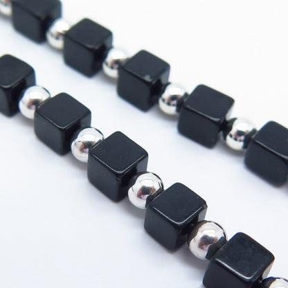 925 Sterling Silver 2-Tone Vintage Black Onyx Gem Cube Bead Chain Necklace 17"