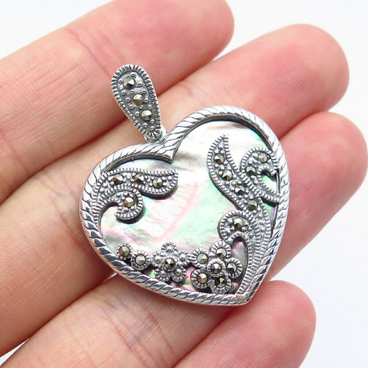 925 Sterling Silver Vintage Real Abalone Shell & Marcasite Gem Heart Pendant