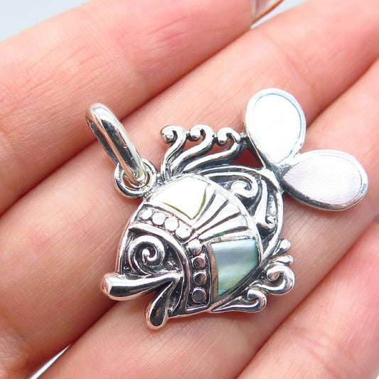 925 Sterling Silver Vintage Real Multi-Color Mother-of-Pearl Fish Pendant