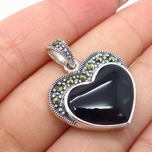 925 Sterling Silver Vintage Black Onyx & Marcasite Gem Art-Deco-Style Pendant