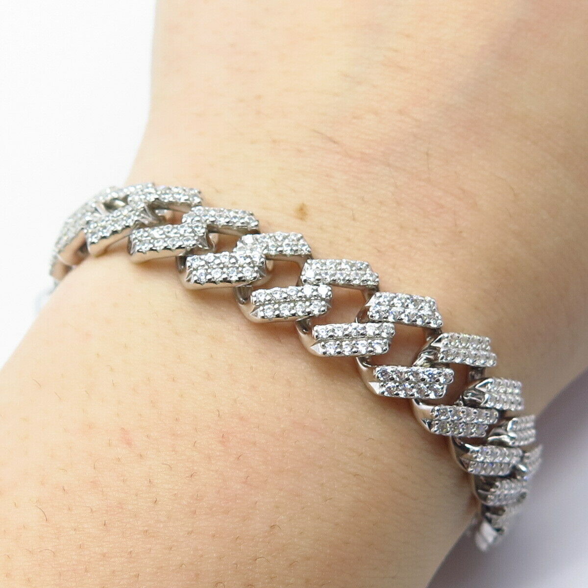 925 Sterling Silver Pave C Z Cuban Link Bracelet 7.75"