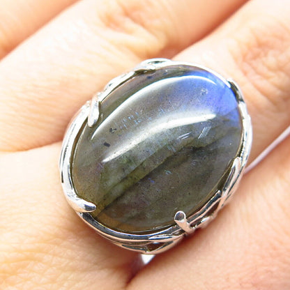 925 Sterling Silver Real Labradorite Gemstone Statement Ring Size 8