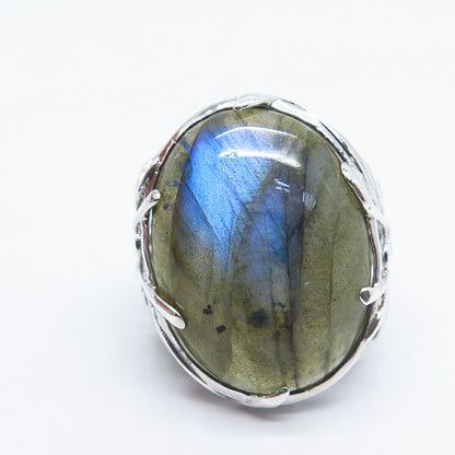 925 Sterling Silver Real Labradorite Gemstone Statement Ring Size 8