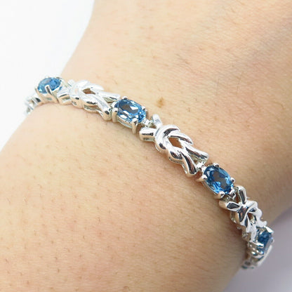 925 Sterling Silver Real Blue Topaz Gemstone Knot Link Bracelet 7.25"