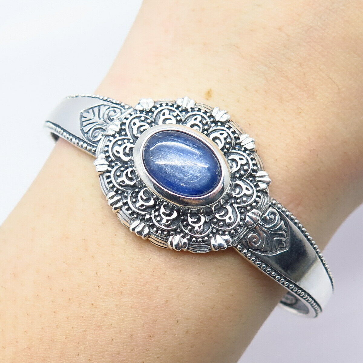 925 Sterling Silver Real Kyanite Gemstone Ethnic Cuff Bracelet 6.75"