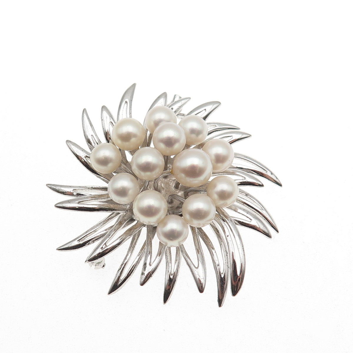 925 Sterling Silver Antique Art Deco Real Akoya Pearl Floral Pin Brooch