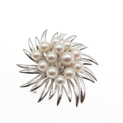 925 Sterling Silver Antique Art Deco Real Akoya Pearl Floral Pin Brooch