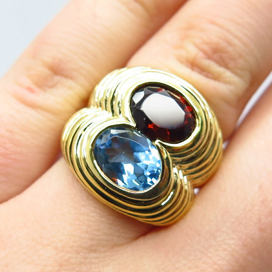 925 Sterling Silver Gold Plated Blue Topaz & Red Garnet Gem Ribbed Ring Size 5