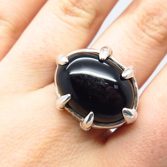 925 Sterling Silver Vintage Real Black Onyx Gemstone Ring Size 9.5