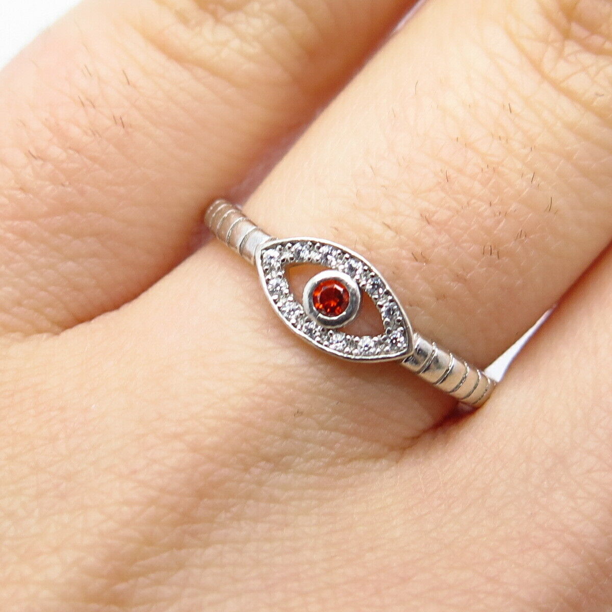 925 Sterling Silver White & Red Garnet-Tone C Z Eye Ring Size 6