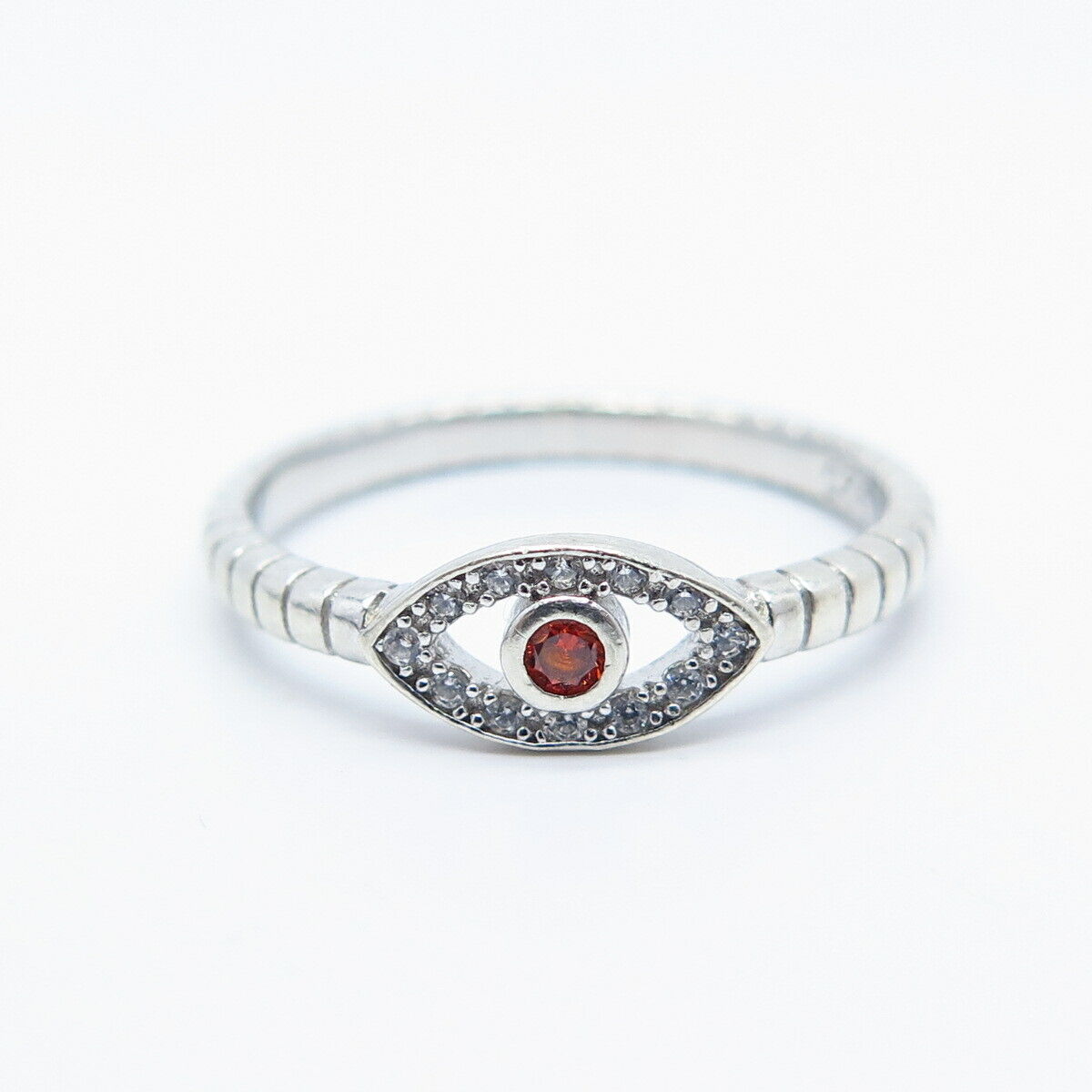 925 Sterling Silver White & Red Garnet-Tone C Z Eye Ring Size 6