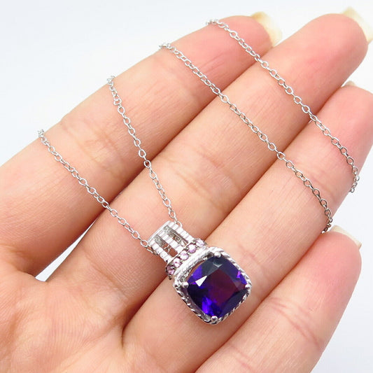 925 Sterling Silver Amethyst Gem & Lab-Created Sapphire Rolo Chain Necklace 17"