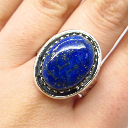 925 Sterling Silver Vintage Real Lapis Lazuli Gemstone Tribal Ring Size 10.25