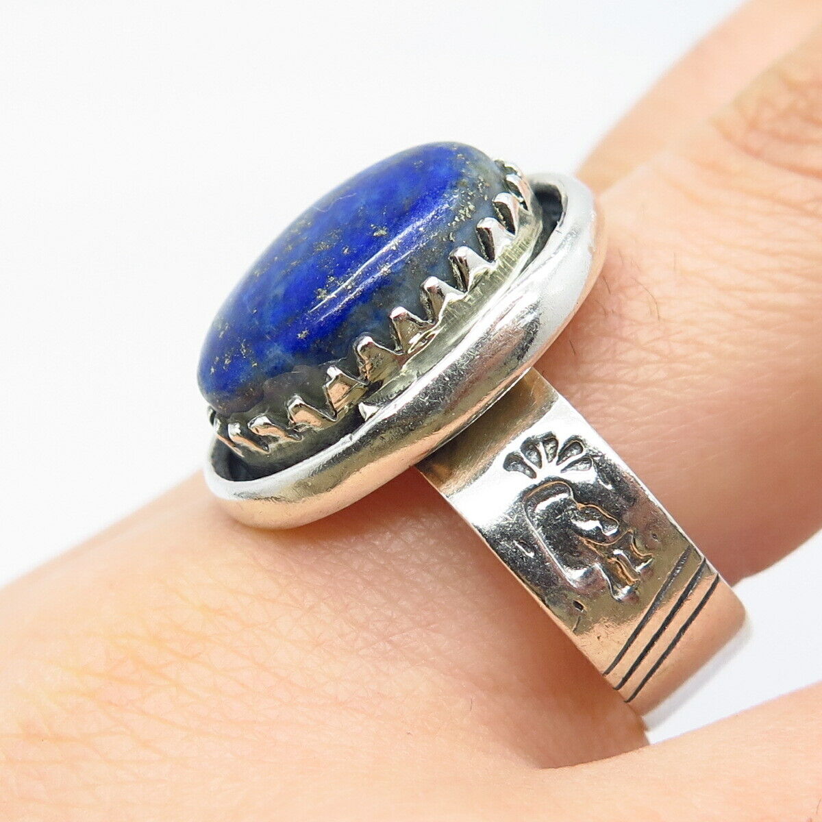 925 Sterling Silver Vintage Real Lapis Lazuli Gemstone Tribal Ring Size 10.25