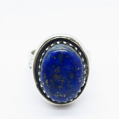 925 Sterling Silver Vintage Real Lapis Lazuli Gemstone Tribal Ring Size 10.25