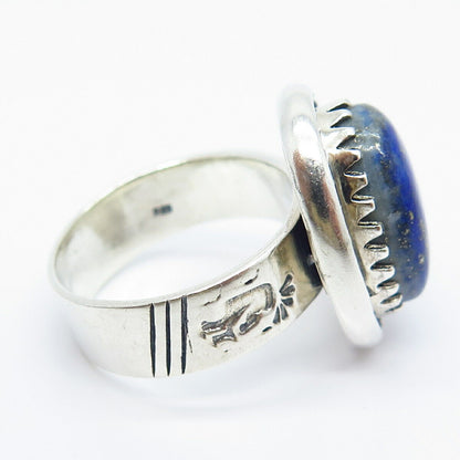 925 Sterling Silver Vintage Real Lapis Lazuli Gemstone Tribal Ring Size 10.25