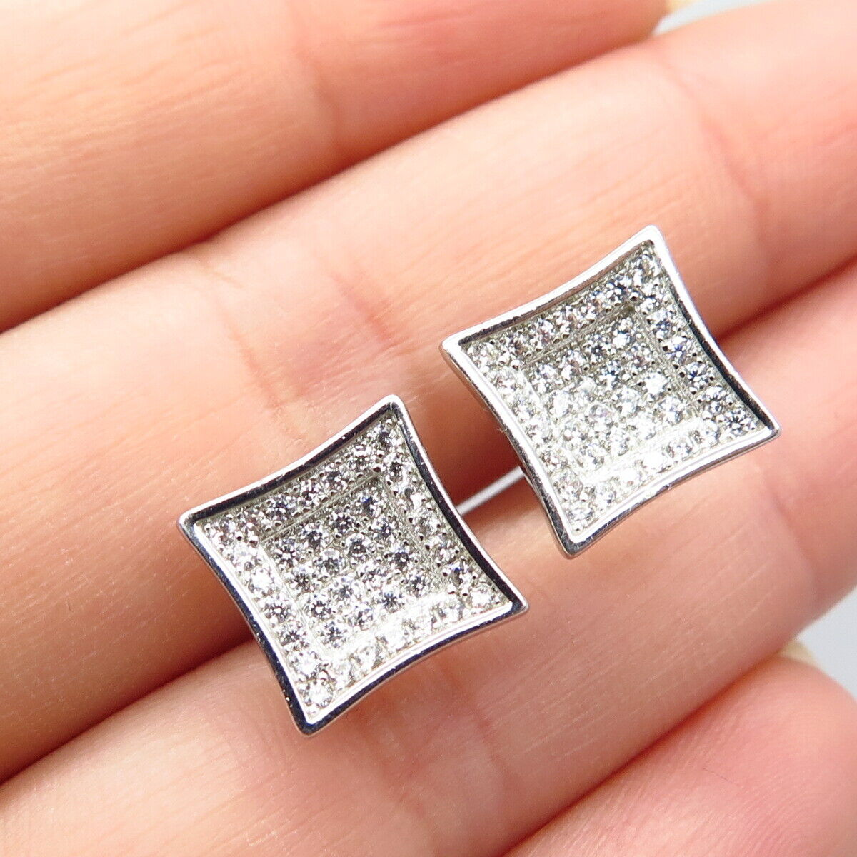 925 Sterling Silver Pave C Z Square Stud Earrings