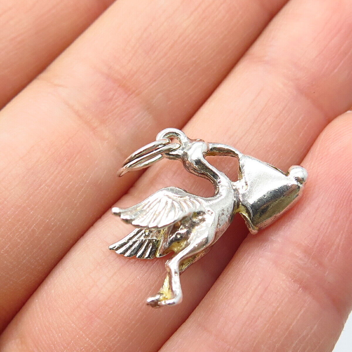 925 Sterling Silver Vintage Stork Carrying Baby Pendant