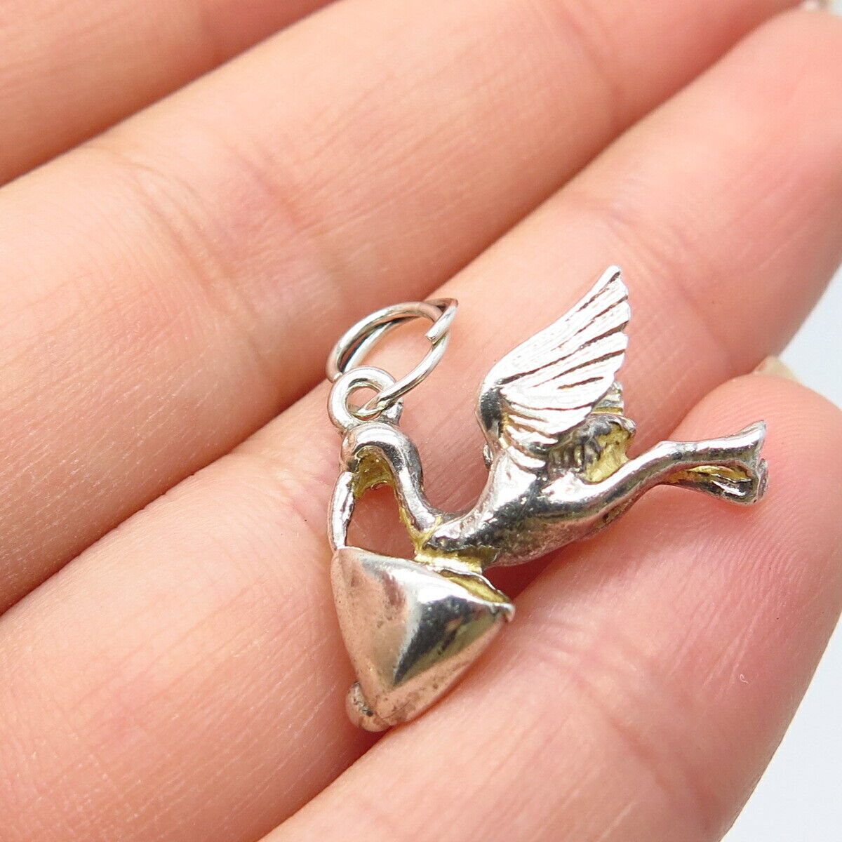 925 Sterling Silver Vintage Stork Carrying Baby Pendant