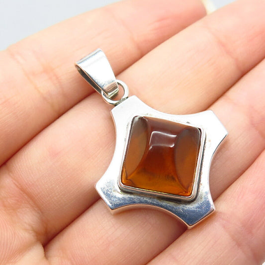 925 Sterling Silver Vintage Real Amber Cross Pendant